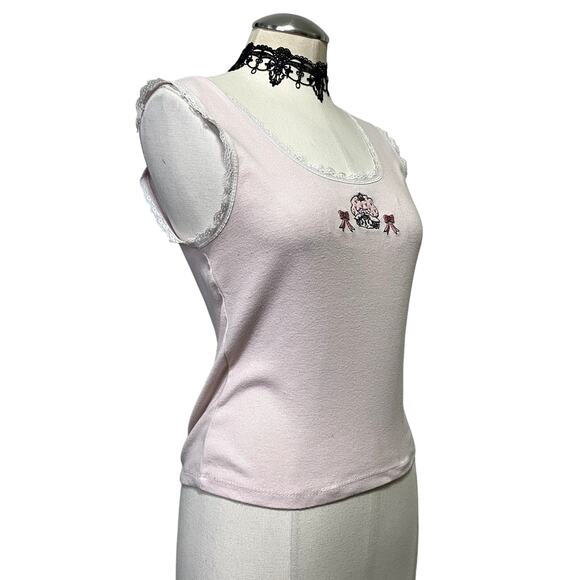 Cute Strawberry Shortcake Pink Lace Ribbed Tank Top Cottage Core Coquette Sz L - Picture 4 of 10
